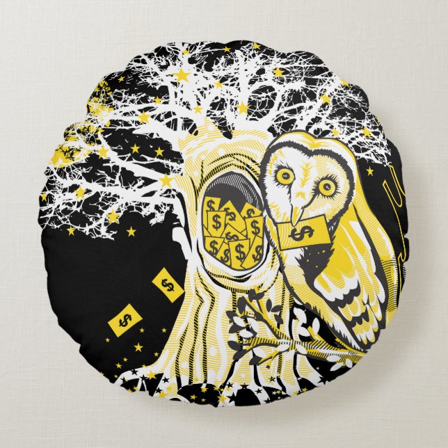 Round Pillow – Urban Tree Owl & Wealth Surreal Pop Rond Kussen (Voorkant)