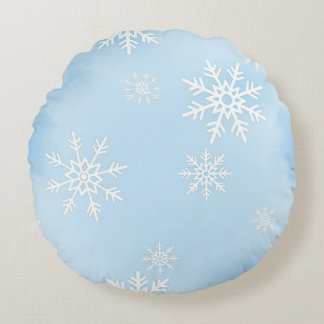 Round Pillow with White Snowflakes on Blue Backgr Rond Kussen