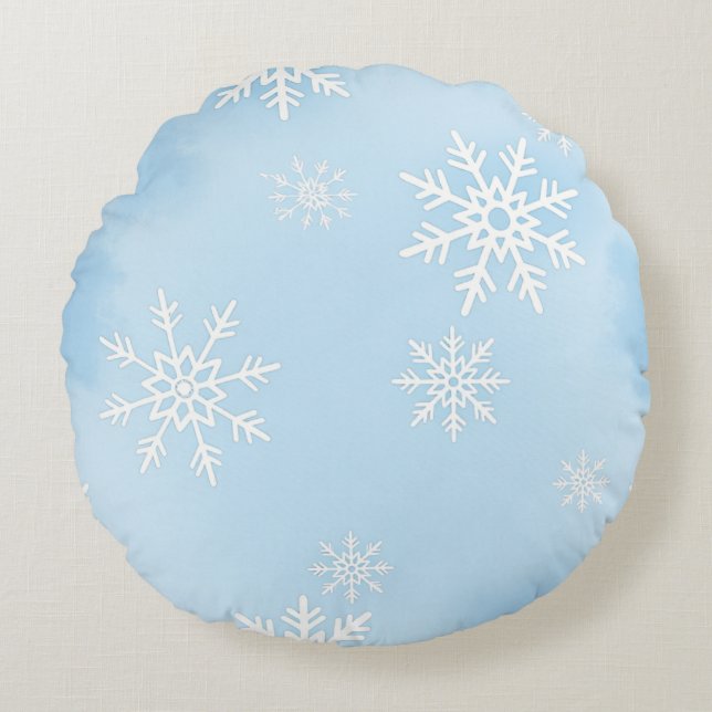  Round Pillow with White Snowflakes on Blue Backgr Rond Kussen (Voorkant)