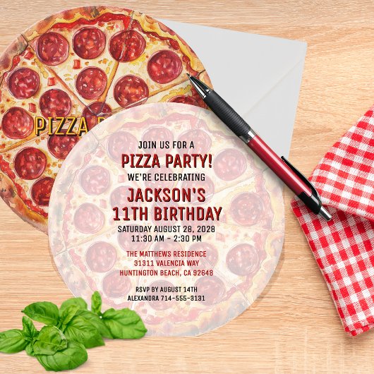 🍕 Round Pizza Party Birthday Invitation Kaart