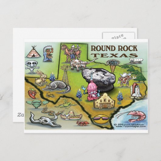 Round Rock Texas Cartoon Map Briefkaart (Voorkant / Achterkant)