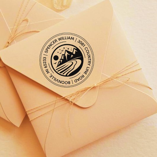 Round Rustic Forest Mountain Sketch Retouradres Rubberstempel