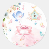 round sticker first birthday party butterfly garde (Voorkant)