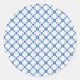 Round sticker with intricate blue and white 