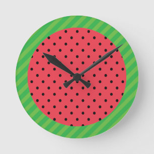 Round watermelon slice, pink black polka dots ronde klok