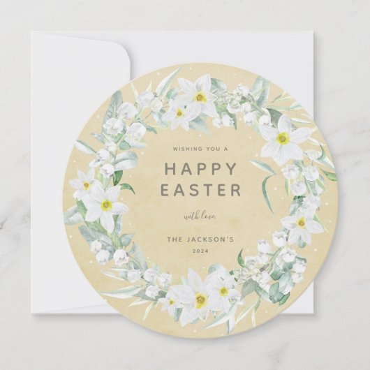 Round White Floral met Happy Easter Flat Kaart (Voorkant)