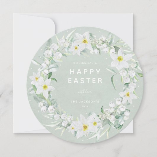 Round White Floral met Happy Easter Flat Kaart (Voorkant)