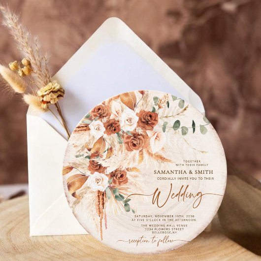 Round Wood Grain Boho Pampas Grass Photo Wedding Kaart