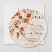 Round Wood Grain Boho Pampas Grass Photo Wedding Kaart (Voorkant)