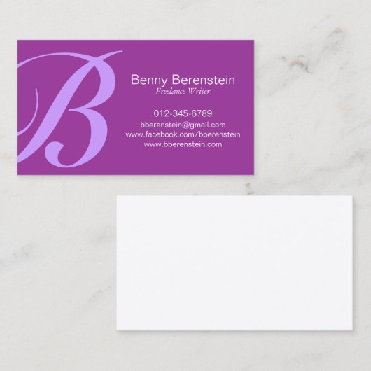 Roundhand Vet Monogram Paarse Visitekaartje (Voorkant / Achterkant)