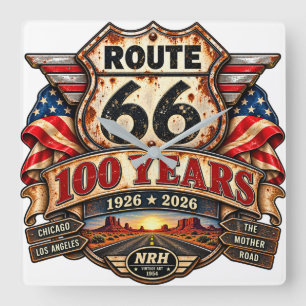 Route 66 100 Jaar 1926–2026 Vintage Americana Wand Vierkante Klok
