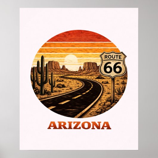 Route 66 Arizona Woestijn Retro Streep Sunset Post Poster (Voorkant)