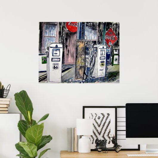 route 66 benzinestation  kunst poster (Thuiskantoor)
