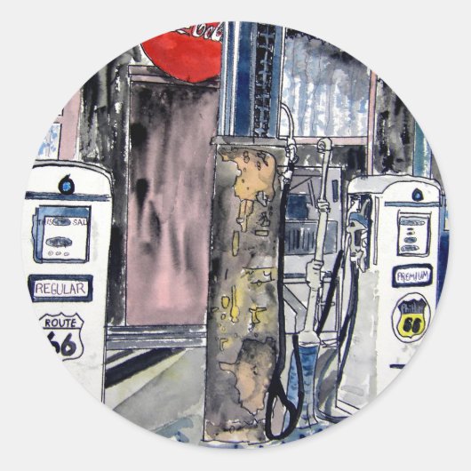 route 66 benzinestation kunst ronde sticker (Voorkant)