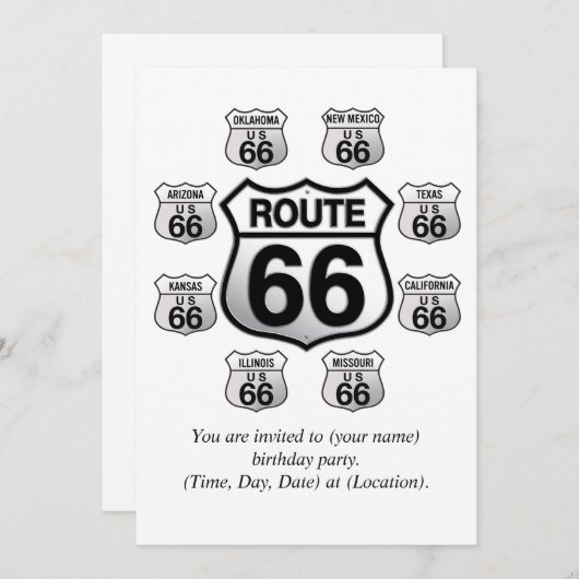 Route 66 Birthday-uitnodiging. Kaart (Voorkant / Achterkant)
