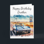 Route 66 Classic Car Happy Birthday Brother Kaart<br><div class="desc">Deze verjaardagskaart is voorzien van een digitale waterverf van het bord en de rijbaan van Route 66, aangevuld met een cabriolet. Het is een ideale kaart voor mannen die van roadtrips en klassieke auto's houden. Deze aanpasbare kaart maakt een doordacht geschenk voor een broer, echtgenoot, vader, oom of zoon. "AI-gegenereerd...</div>