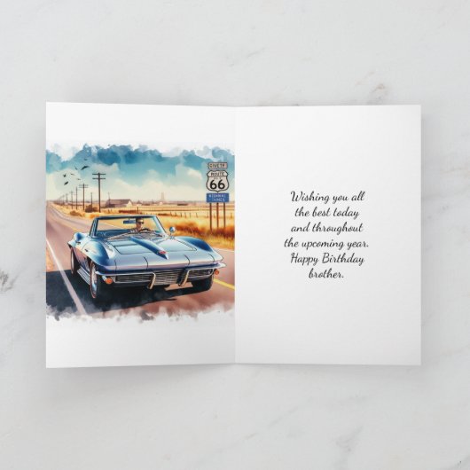 Route 66 Classic Car Happy Birthday Brother Kaart (Binnen)