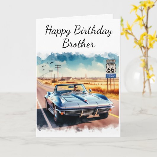 Route 66 Classic Car Happy Birthday Brother Kaart (Gele Bloem)