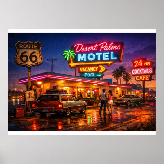 Route 66 Desert Palms Motel Gloeit Poster (Voorkant)