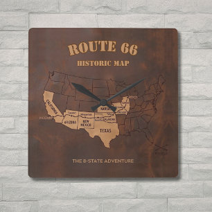 Route 66 Eeuwfeest 8-Staten Kaart Decoratie Vierkante Klok
