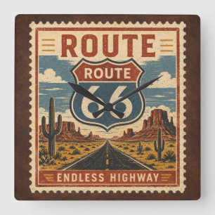 Route 66 Eindeloze Snelweg Vintage Postzegel Tijdm Vierkante Klok