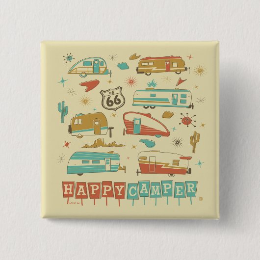 Route 66 Happy Camper Vierkante Button 5,1 Cm (Voorkant)