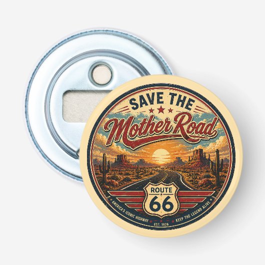 Route 66 Icoon van Amerika Button Flesopener (Voorkant)