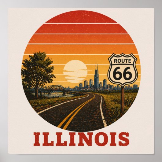 Route 66 Illinois Chicago Zonsondergang Silhouet Poster (Voorkant)