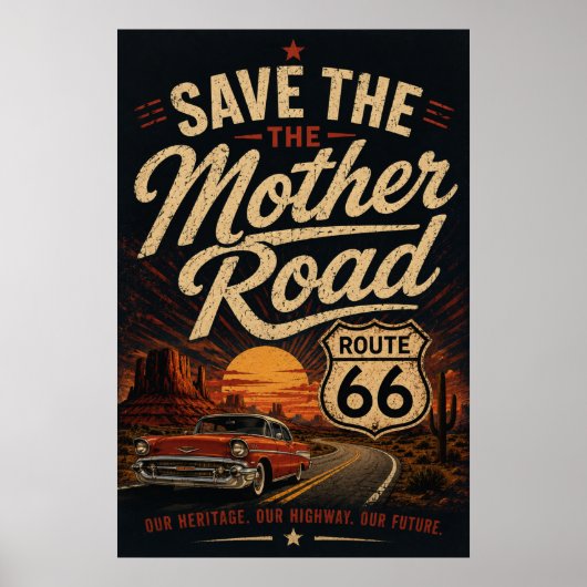 Route 66 Klassieke Auto Save the Mother Road Poster (Voorkant)
