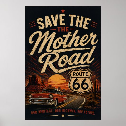 Route 66 Klassieke Auto Save the Mother Road Poster (Voorkant)