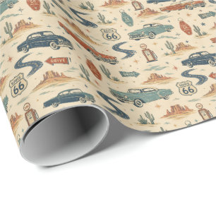 Route 66 Klassieke Auto's Retro Wegpatroon Kunst Cadeaupapier