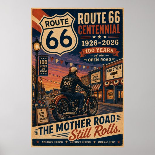 route 66 Main Street Motorfiet Centennial Kunst Poster (Voorkant)