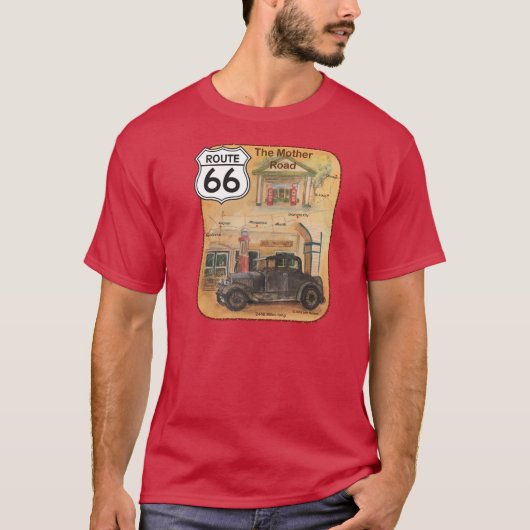 Route 66 met oude auto- en benzinestations t-shirt (Voorkant)