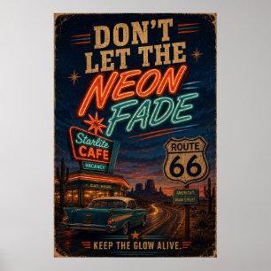 route 66 Neon Cafe Nachtelijke Rit Americana Decor Poster