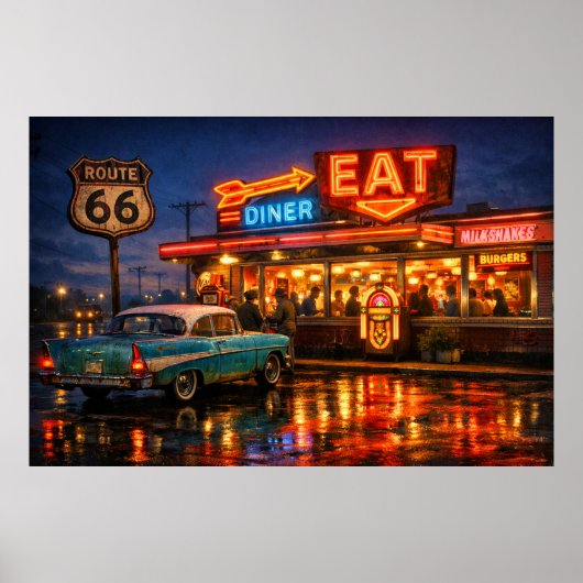 Route 66 Neon Diner Nachten Poster (Voorkant)
