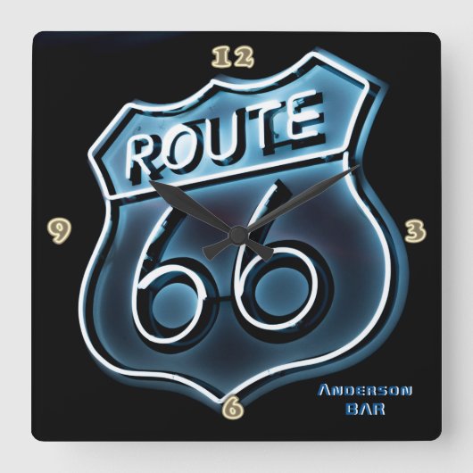 ROUTE 66 Neon Licht Stijl Gepersonaliseerde Muur Vierkante Klok (Voorkant)