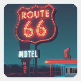 Route 66 Neon Motel Nacht Reizen Kunst Vierkante Sticker