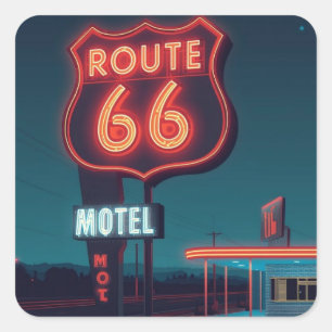 Route 66 Neon Motel Nacht Reizen Kunst Vierkante Sticker