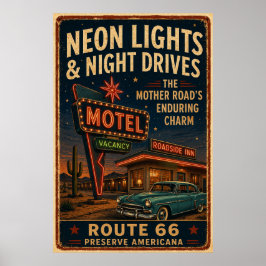route 66 Neon Motel Nachtelijke Rit Americana Deco Poster