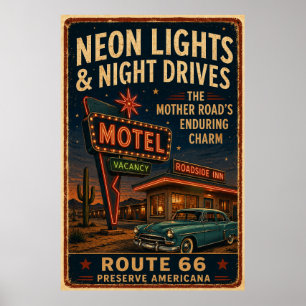 route 66 Neon Motel Nachtelijke Rit Americana Deco Poster