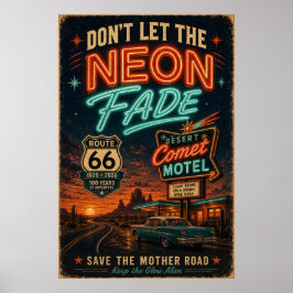 Route 66 Neon Motel Nachtelijke Rit Americana Stij Poster
