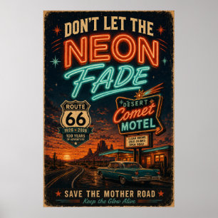 Route 66 Neon Motel Nachtelijke Rit Americana Stij Poster