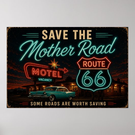 Route 66 Neon Motel Nachten Poster (Voorkant)
