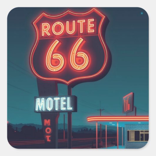 Route 66 Neon Motel Night Travel Art Vierkante Sticker (Voorkant)