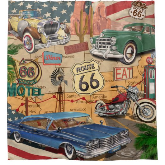  Route 66 poster. Douchegordijn (Voorkant)