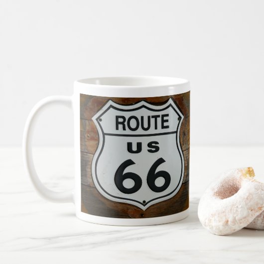 Route 66 Schild, op het Bouwen van Houten Zijdende Koffiemok (Met donut)