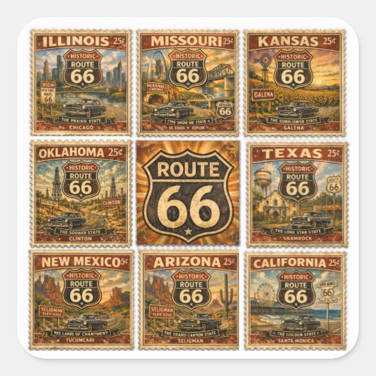 Route 66 Staat Stempel Briefpapier Kunst Vierkante Sticker (Voorkant)