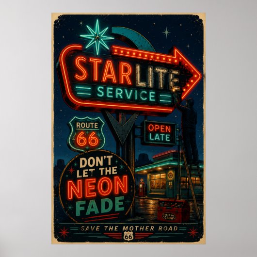 route 66 Starlite Neon Roadside Amerikaanse Gloed Poster (Voorkant)