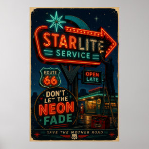 route 66 Starlite Neon Roadside Amerikaanse Gloed Poster