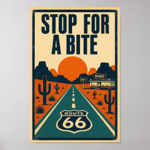 Route 66 Stop Om Even Te Eten Woestijn Diner Litho Poster